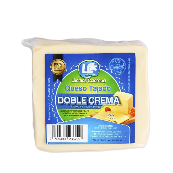 Queso doble crema tajado de 400 gr de Lácteos Colombia